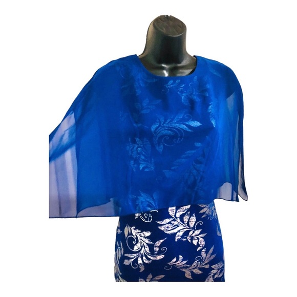 EnFocus studio blue sheer veil cape silver foil print sheath dress size 8P new - Picture 4 of 16